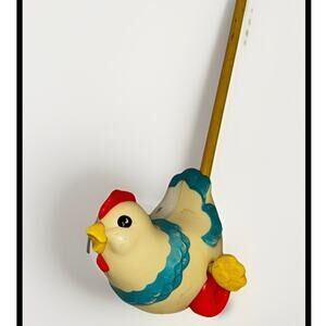 Vintage Push Toy Chicken • Wooden Handle Rolling Chicken Toy • Retro Pull Along